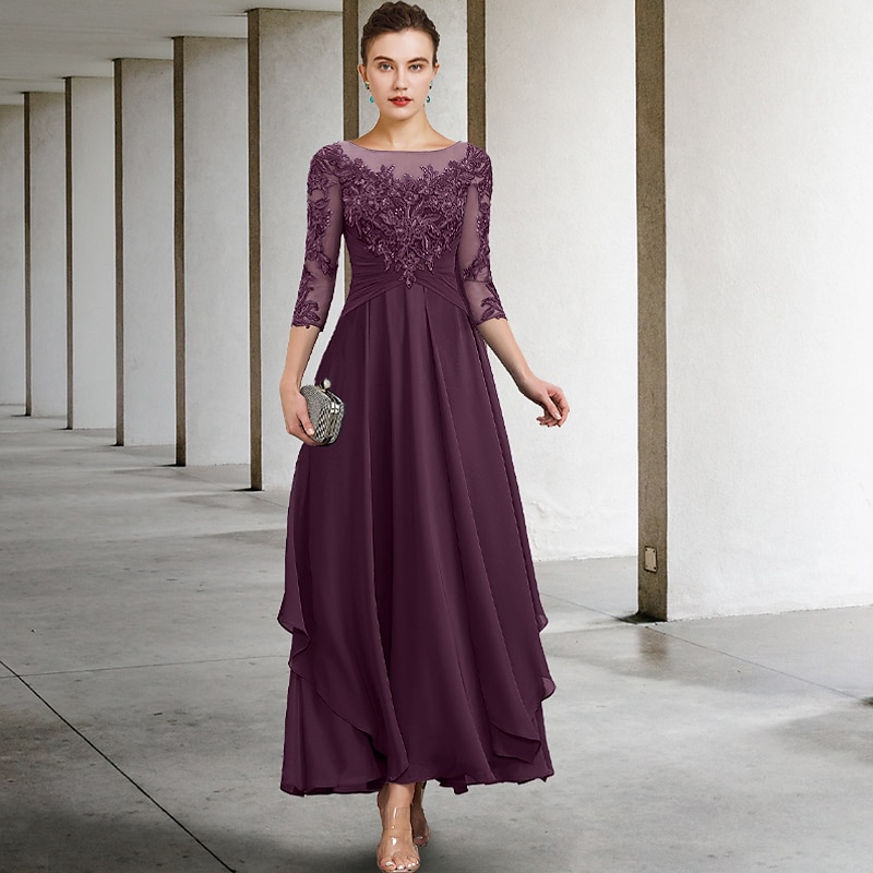 A-Line Mother of the Bride Dress Wedding Guest Elegant Plus Size Jewel Neck Ankle Length Chiffon Lace 3/4 Length Sleeve with Ruched Sequin Appliques3