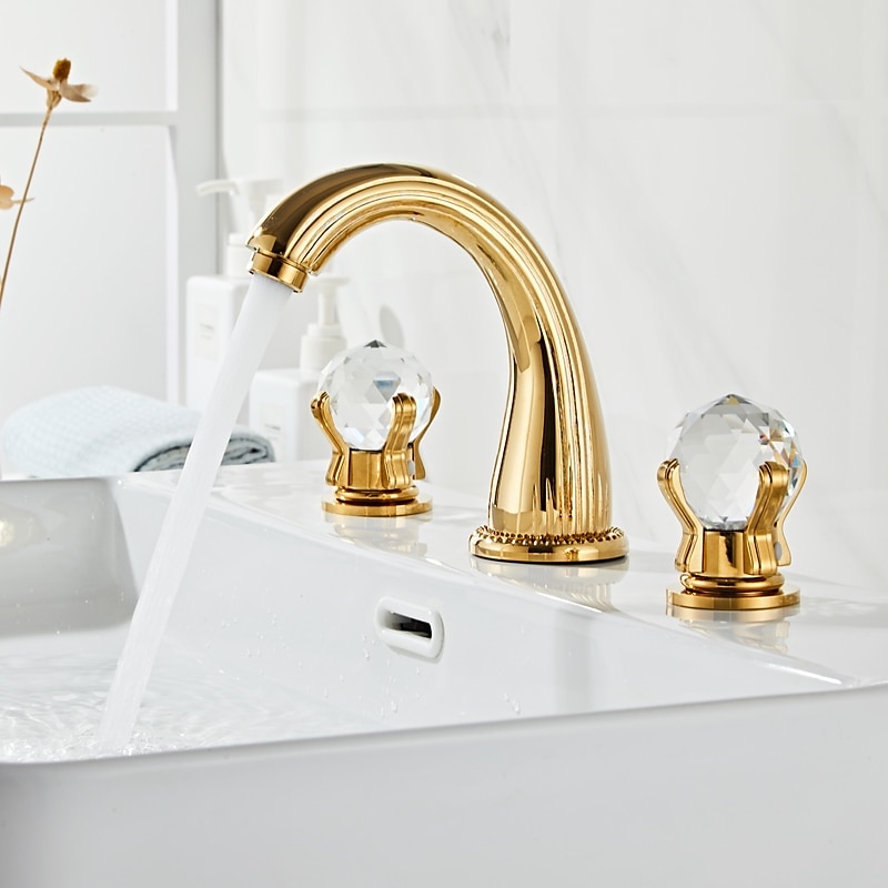 Bathroom Sink Faucet 3 Hole Deck Mounted Widespread Brass Bathroom Faucet Crystal Handle Mixer Tap (Golden/Black/Chrome)4
