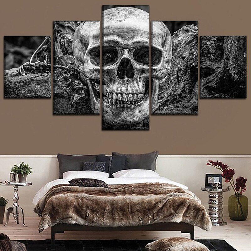 5 Panels Halloween Prints Black Skulls Modern Wall Art Wall Hanging Gift Home Decoration Rolled Canvas Unframed Unstretched Painting Core3