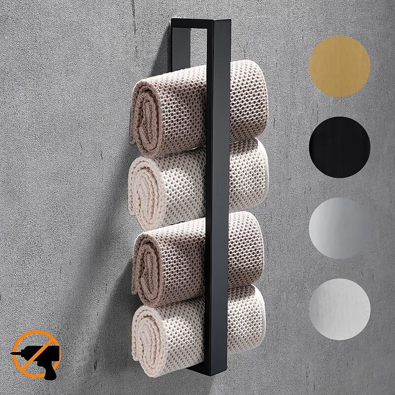 Towel Rail, Strong Self Adhesive Black Towel Holder Stainless Steel Wall Mounted