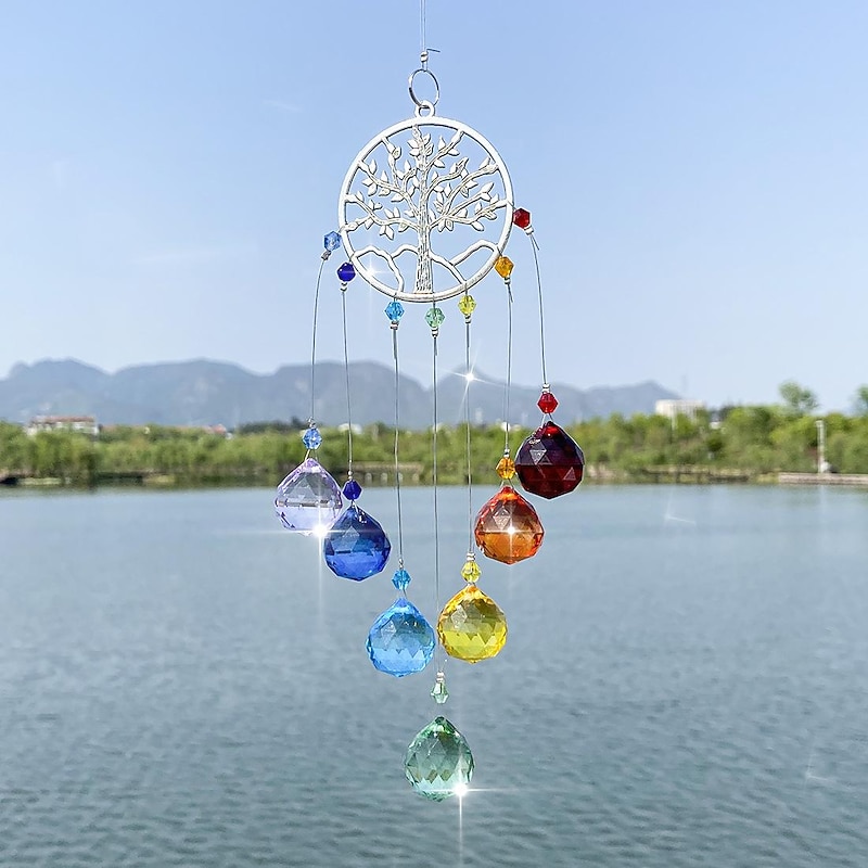 Colorful Life of Tree Sun Catcher Dream Catcher with Colorful Crystal Handmade Gift Wall Hanging Decor Art Wind Chimes Car Hanging Home Pendant