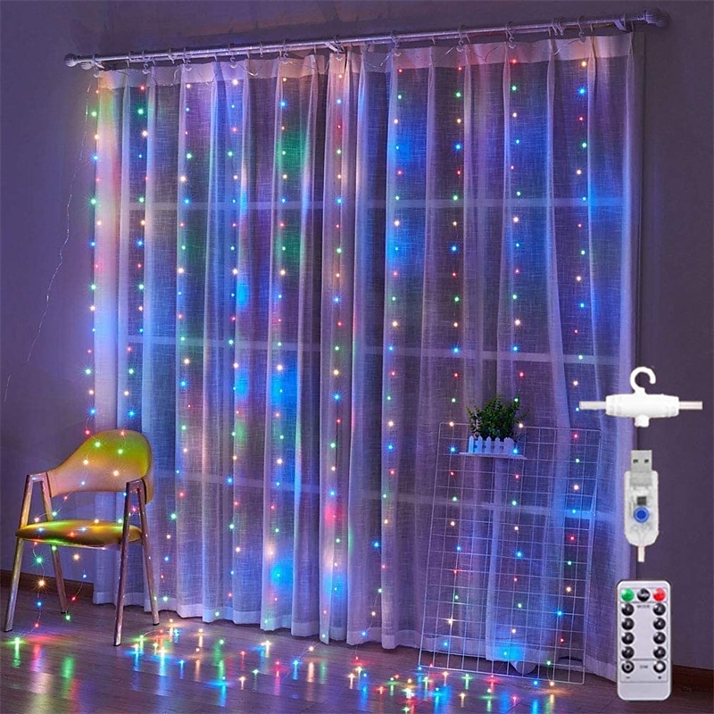LED  Curtain String Lights 3x3M-300 LED 8 Modes USB with Remote 9 Colors for Home Room Bedroom Wedding Party Christmas Window Wall DecorationsRoom Decor3