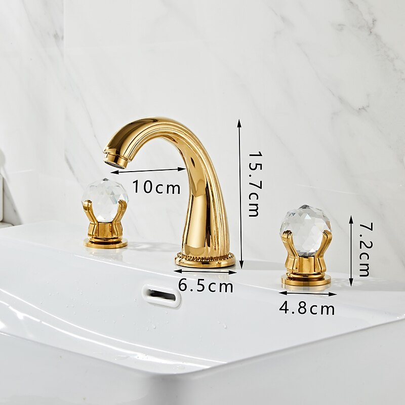 Bathroom Sink Faucet 3 Hole Deck Mounted Widespread Brass Bathroom Faucet Crystal Handle Mixer Tap (Golden/Black/Chrome)2
