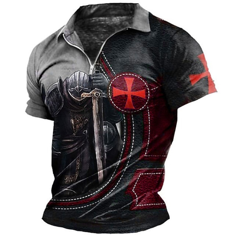 Men's Knights Templar Zip Polo Shirts Golf Shirt Short Sleeve Polo Shirts Collared Shirts Vintage Casual Vacation Wear Festival Wear Party Outfits 3D Print Quarter Zip Polo Black / Red Black Pink2