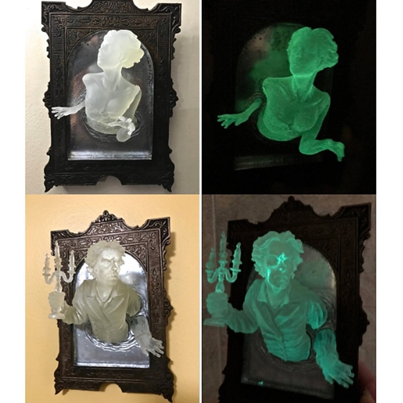 Halloween Ghost in The Mirror, Glow in The Dark 3D Resin Ghost Frame, Creative Fluorescent Mirror Sculpture for Bedroom and Corridor Decor2