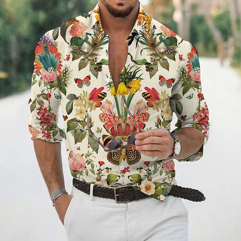 Men's Casual Shirt Long Sleeve Designer Retro Casual Vacation Going out Club Fall Spring &  Fall Classic Collar Print Blue Purple Green Gray