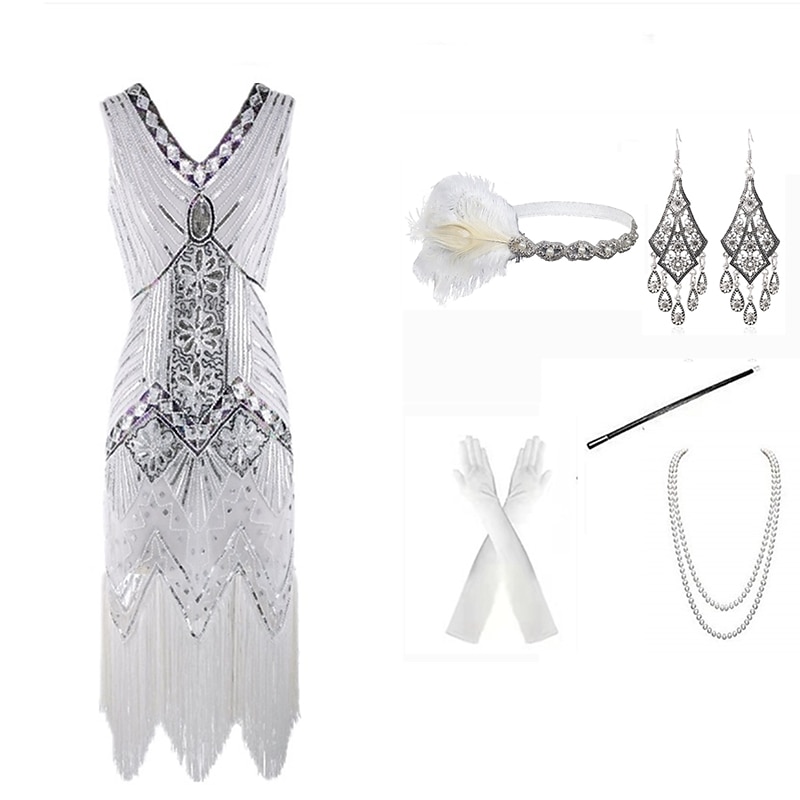 Roaring 20s Vintage Inspired The Great Gatsby Short Length Flapper Dress Dress Outfits Sleeveless The Great Gatsby Wedding Guest Sequins Tassel Fringe Sequin V Neck Fancy Dress Women's Halloween