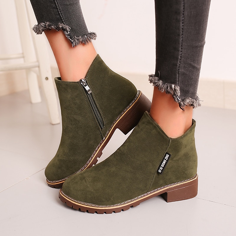Women's Green Faux Suede Ankle Boots with Side Zipper – Casual Slip-On Chunky Heel for Everyday Wear