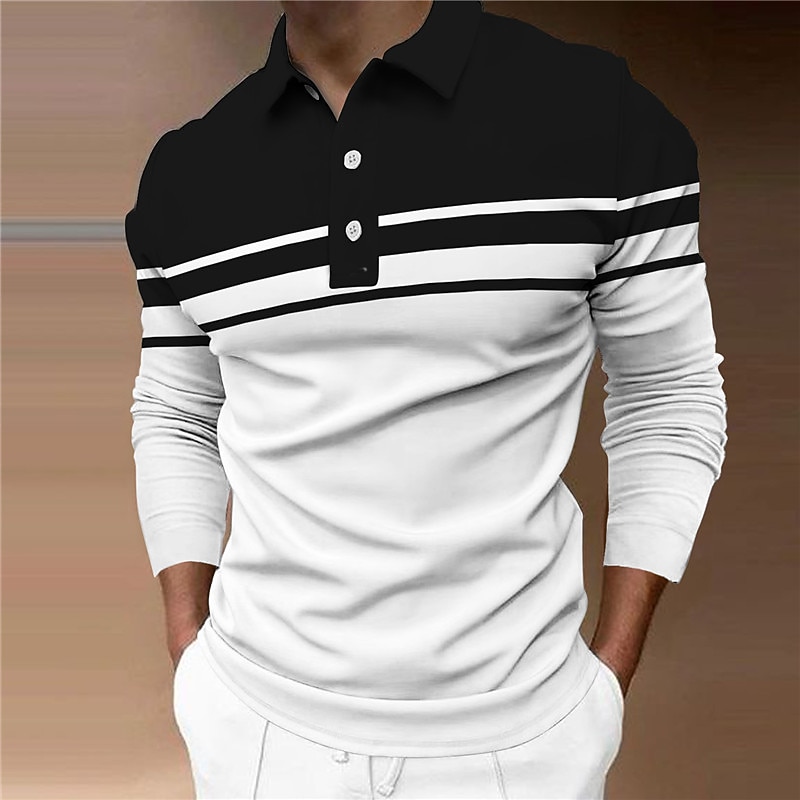 Men's Polo Shirt Golf Shirt Street Casual Polo Collar Classic Long Sleeve Designer Basic Striped Button Front Button-Down Spring &  Fall Regular Fit Black Light Green Pink Blue Khaki Light Grey Polo