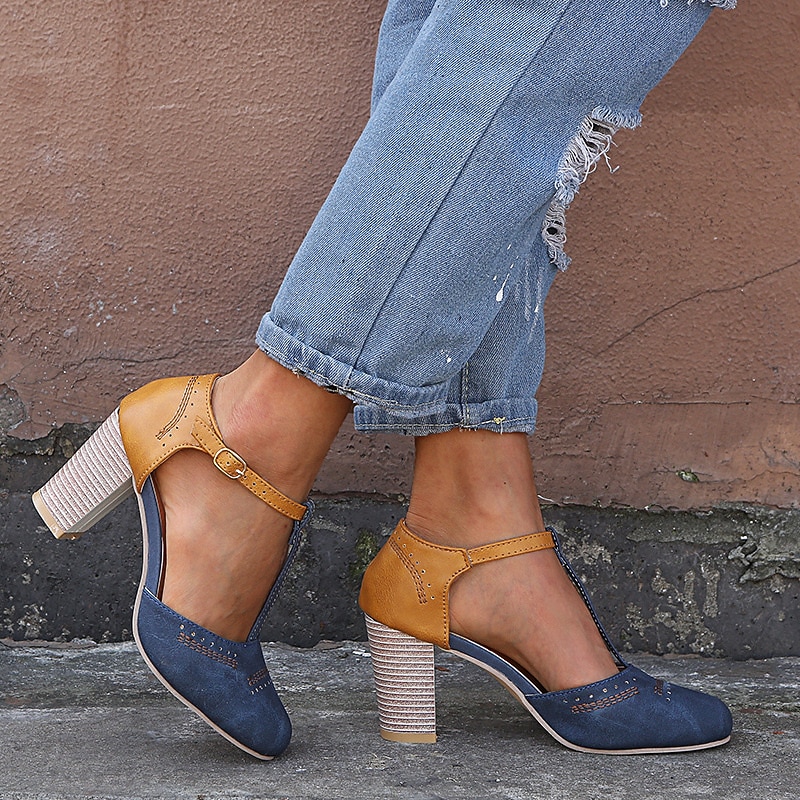 Women's Blue and Yellow Two-Tone T-Strap Heeled Shoes for Vintage and Casual Wear2