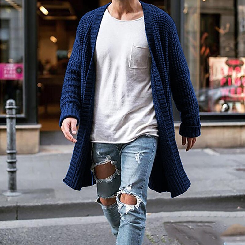 Men's Sweater Cardigan Sweater Sweater Jacket Fall Sweater Ribbed Knit Tunic Knitted Plain Hooded Fashion Warm Ups Casual Daily Wear Clothing Apparel Fall & Winter Black Blue S M L4