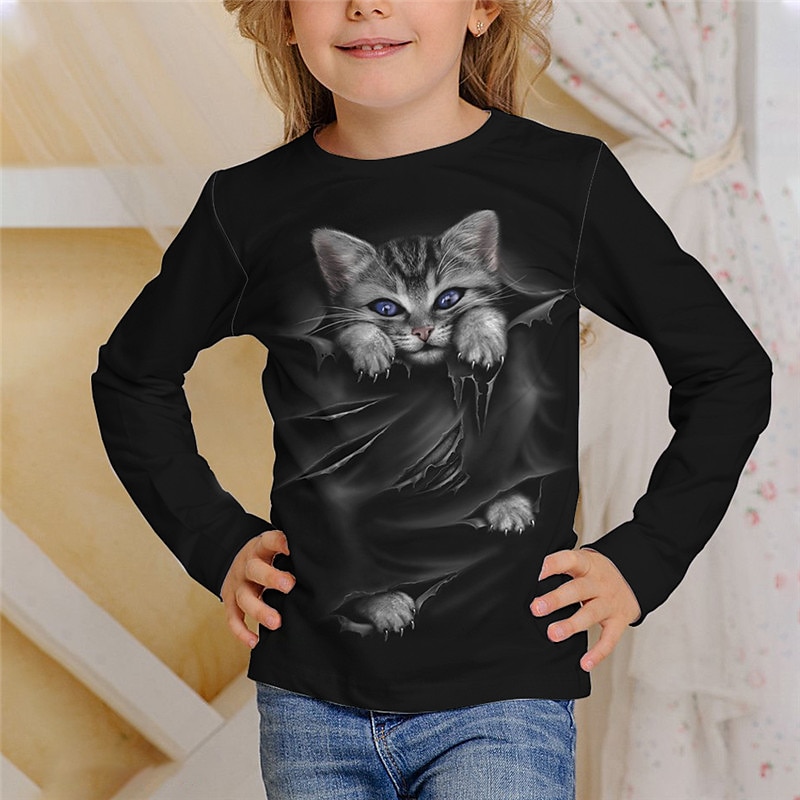 Girls' 3D Animal Cat T shirt Long Sleeve 3D Print Fall Winter Active Sports Fashion Kids 3-12 Years Outdoor Daily Indoor Regular Fit2