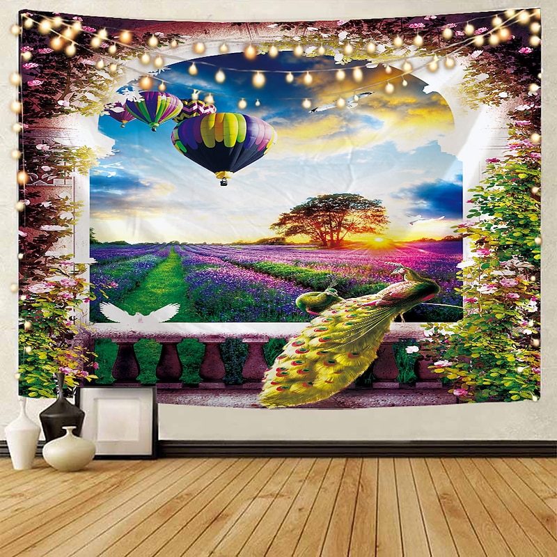 Window Landscape Wall Tapestry Art Decor Blanket Curtain Picnic Tablecloth Hanging Home Bedroom Living Room Dorm Decoration Polyester Sea Ocean Beach Palm2