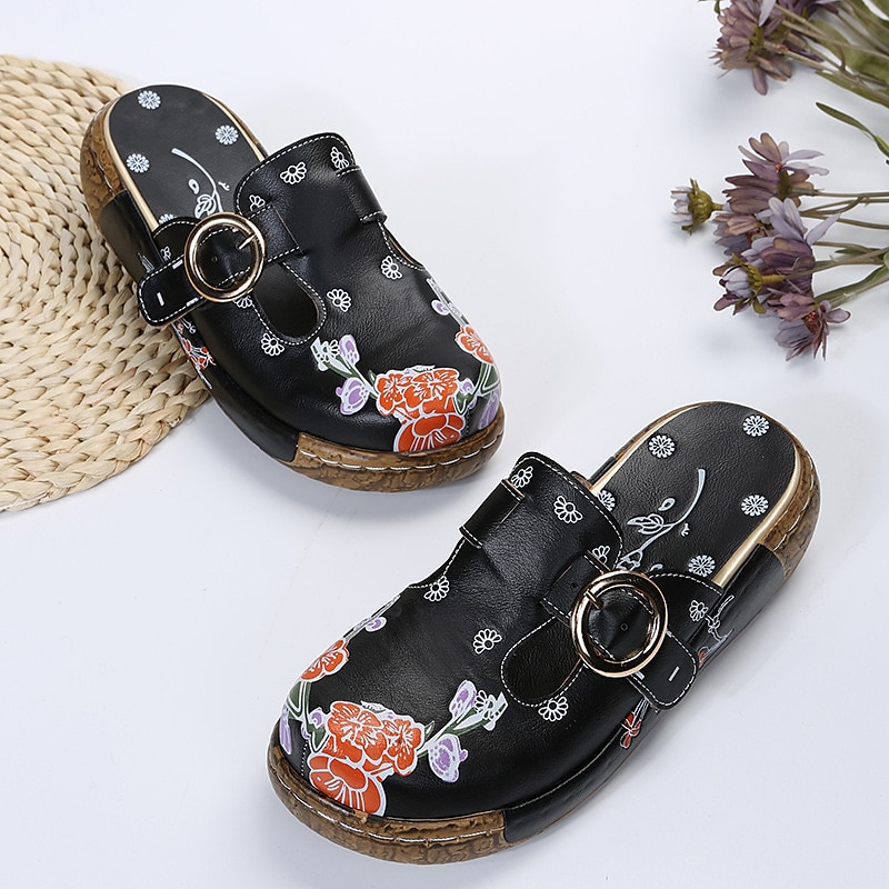 Women's Floral Embroidered Slip-On Clogs with Buckle Detail and Wedge Heel - Comfortable Vintage Casual Shoes