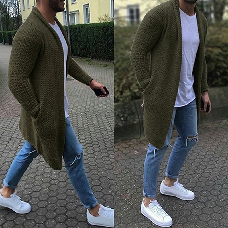 Men's Sweater Cardigan Sweater Ribbed Knit Tunic Knitted V Neck Going out Weekend Clothing Apparel Fall Winter Army Green Blue M L XL4