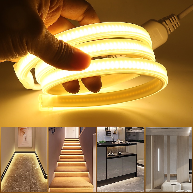 COB LED Strip Lights, 360 LEDs/m Waterproof Outdoor Decor, Flexible High-Brightness Ribbon Light, 3000K/4000K/6000K, 220V
