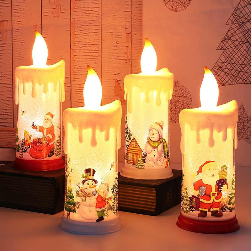 Christmas Flameless Candle LED Pillar Candles Xmas Candlesticks Lamp with Santa Decal for Christmas Party Home Decoration.