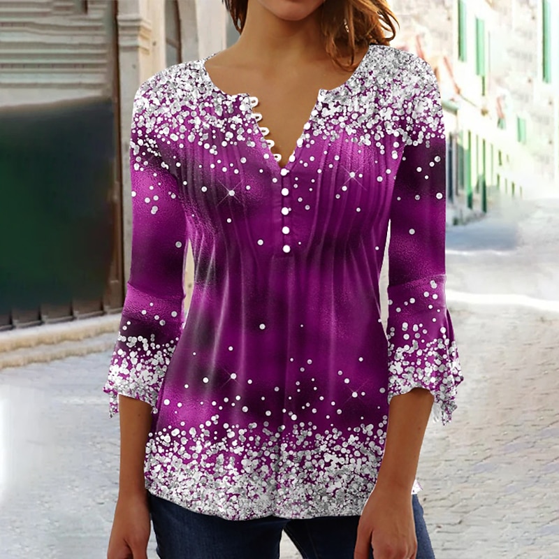 Women's T Shirt Plus Size Shirt T Shirt Henley Shirt Blouse Graphic Polka Dot Flower Basic Long Sleeve Round Neck Regular Tops Casual Weekend Buttons Print Denim Blue Grass Green Black Yellow Light2