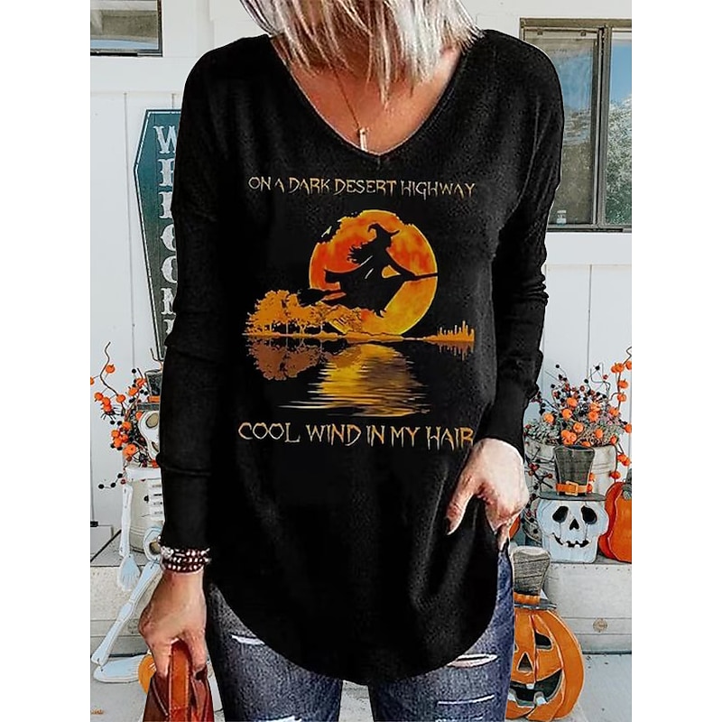 Halloween Women's T shirt Witch Long Sleeve V Neck Long Sleeve Tunic Tee Black Blue Green Letter Ghost Print Basic Regular Loose Fit S Prefall