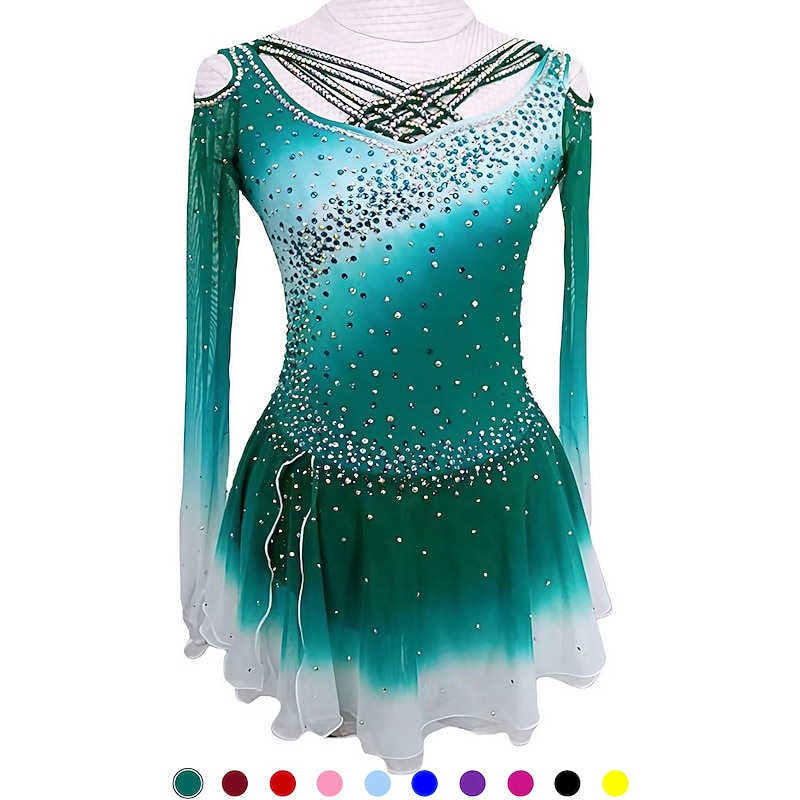 Figure Skating Dress Women's Girls' Ice Skating Dress Outfits Black Yellow Pink Open Back Spandex High Elasticity Training Competition Skating Wear Crystal / Rhinestone Long Sleeve Ice Skating Figure