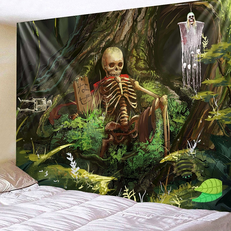 Halloween Decorations Tapestry Skeleton Wall Art Large Hanging Tapestry Mural Decor Photograph Backdrop Blanket Curtain Home Bedroom Living Room Graveyard