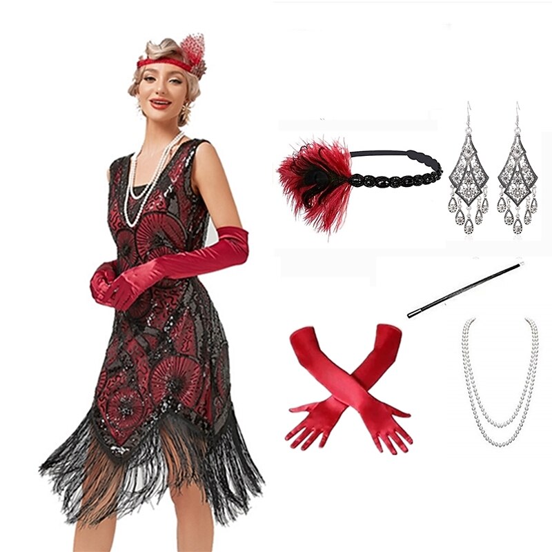 Roaring 20s The Great Gatsby Short Length Flapper Dress Dress Outfits Sleeveless The Great Gatsby Wedding Guest Sequins Tassel Fringe Sequin Tassel V Wire Fancy Dress Women's Halloween Masquerade