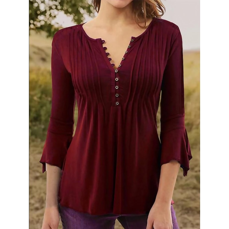 Women's Shirt Blouse Streetwear Casual 3/4 Length Sleeve Shirt Collar Regular Tops Holiday Weekend Pleated Red2