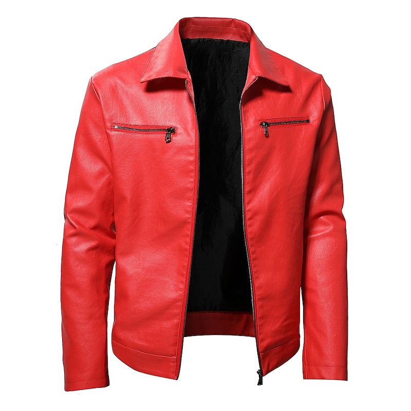 Men's Faux Leather Jacket Transition Jacket Biker Jacket Red Leather Jacket Party Casual Daily Thermal Warm Windproof Faux Fur Trim Fall Pure Color Punk Fashion Lapel Regular Faux Leather Slim Black4
