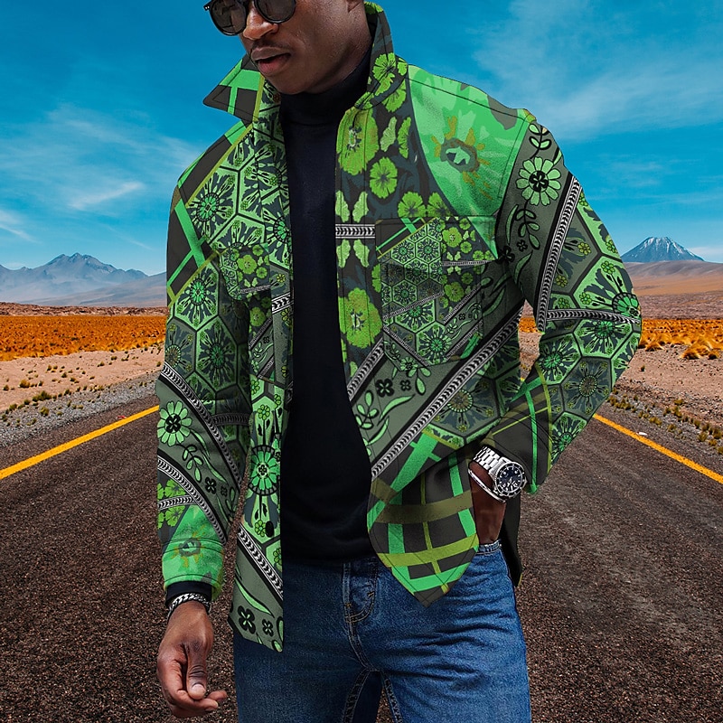 Men's Floral Ethnic Collared Shirt Fleece Shirt Shirt Jacket Long Sleeve Vintage Sporty Retro Outdoor Daily Going out Summer Spring Turndown Print Yellow Red Blue Green4