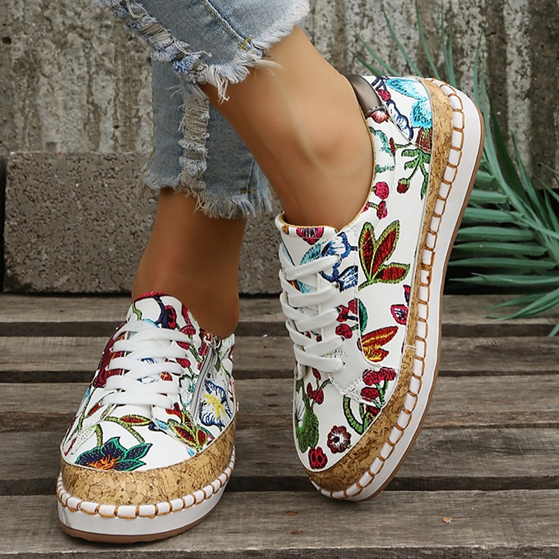 Women's Floral Print Canvas Sneakers with Cork Trim and Stitch Detail, Boho Lace-Up Casual Shoes for Spring Outfits, Walking, and Weekend Travel