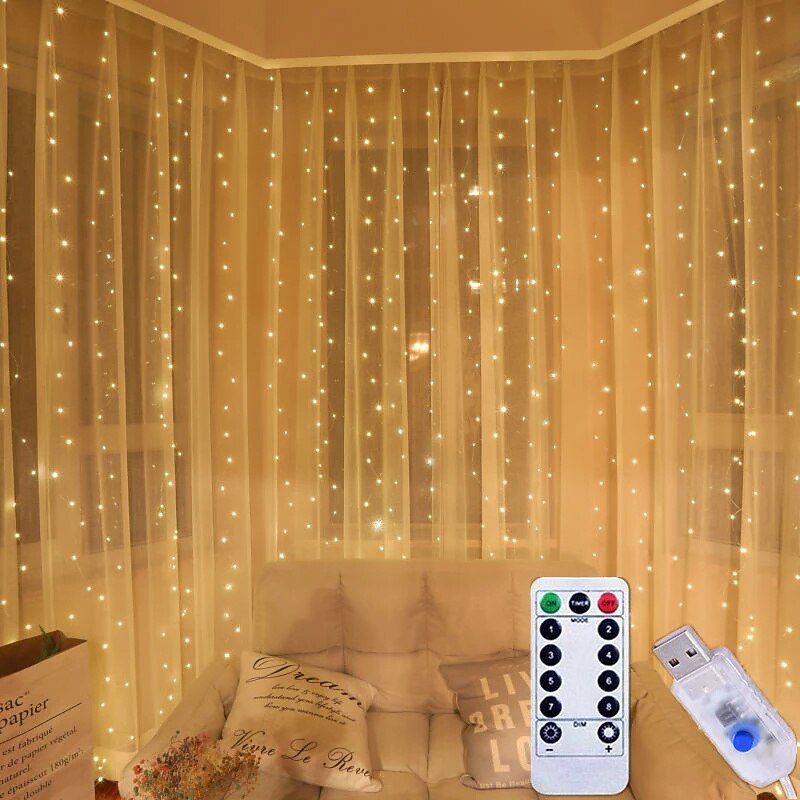 LED  Curtain String Lights 3x3M-300 LED 8 Modes USB with Remote 9 Colors for Home Room Bedroom Wedding Party Christmas Window Wall DecorationsRoom Decor2