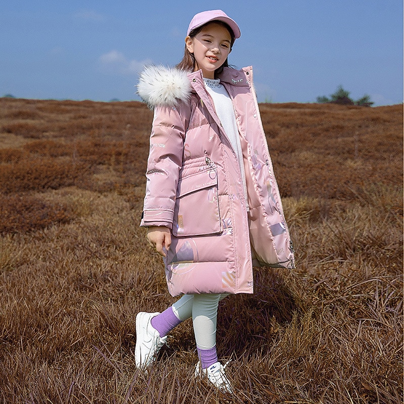 Kids Girls' Down Coat Outerwear Plain Long Sleeve Coat Street Active Cool Green Pink Yellow Winter Fall 4-12 Years