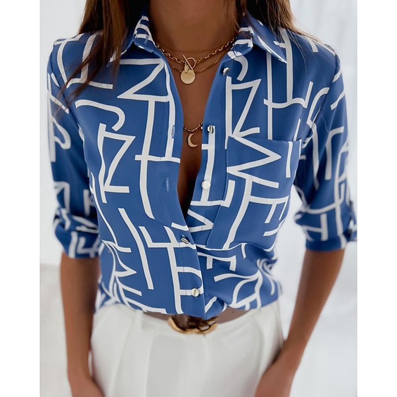 Women's Shirt Blouse Streetwear Daily Casual Letter Buttons Pocket Print Long Sleeve Regular Tops Shirt Collar Work Black White Pink Red Blue Fall & Winter2