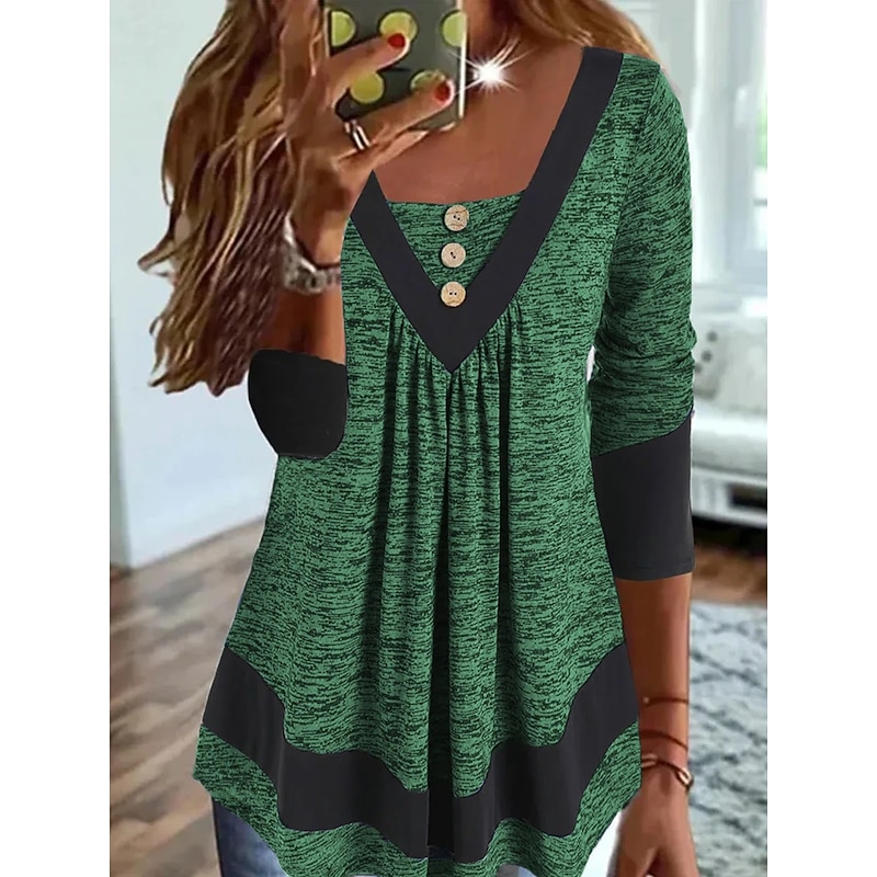 Women's Plus Size T Shirt Color Block Basic Long Sleeve V Neck Long Tops Casual Weekend Buttons Flowing tunic Blue Orange Green Gray Fall & Winter3