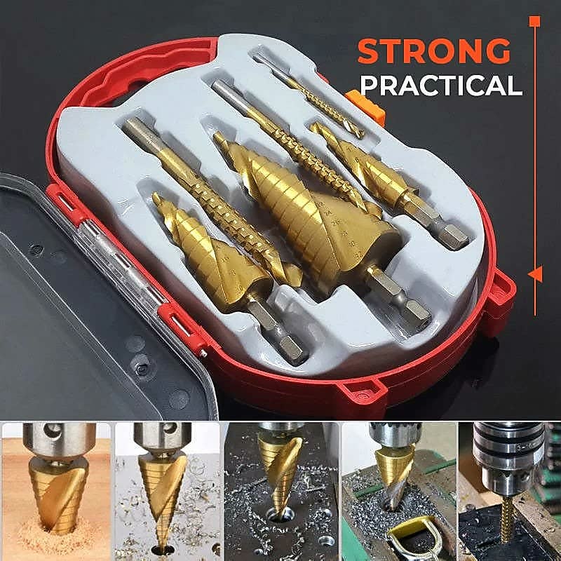 6 Pcs Titanium Plating Drill Bit Set  2022 High Speed Reaming Pagoda Sawtooth Set  Premium Metal Step Drill Bit Multiple Hole Stepped Up Bits for DIY Lovers