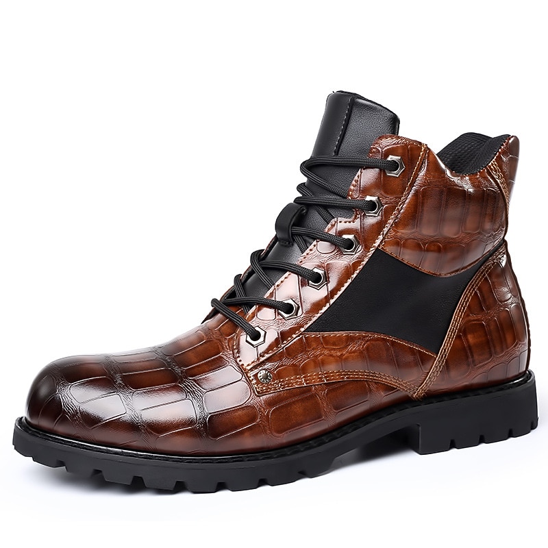 Men's Brown Faux Leather Lace-Up Boots with Crocodile Pattern and Rugged Sole, Stylish and Durable for Outdoor and Casual Wear4