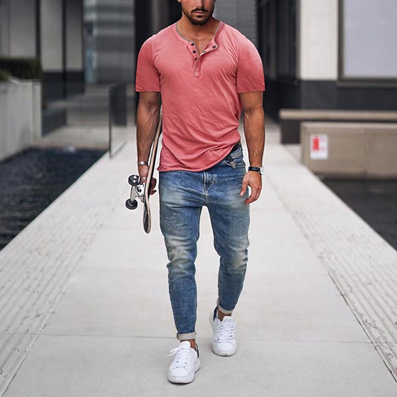 Men's T shirt Tee Henley Shirt Plain Henley Casual Short Sleeve Button-Down Clothing Apparel Classic Casual Esencial3