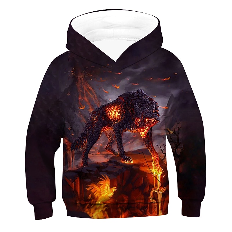 Kids Boys Hoodie Long Sleeve 3D Print Graphic Animal Wolf Pocket Orange Children Tops Spring Summer Fashion Cool Outdoor Daily Regular Fit 4-12 Years