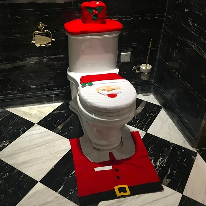 Christmas Toilet Seat Cover Decorations Santa Snowman Deer Spirit Toilet Seat Cover Rug Bathroom Set With Paper Towel Cover For Christmas Gift Premium Year Home Decorations2