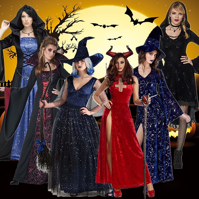 Couples Witch Couples' Costumes Women's Movie Cosplay Cosplay Halloween Wine Red Black Red Dress Halloween Carnival Masquerade for Walpurgis Night