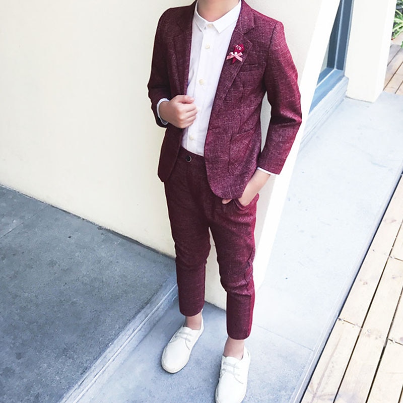 2 Pieces Ring Bearer Suit Boys Kids Suit Formal Suit Suit & Blazer Clothing Set School Formal Outdoor Fashion Cool Gentle Solid Color Wine Dusty Blue Green Cotton4