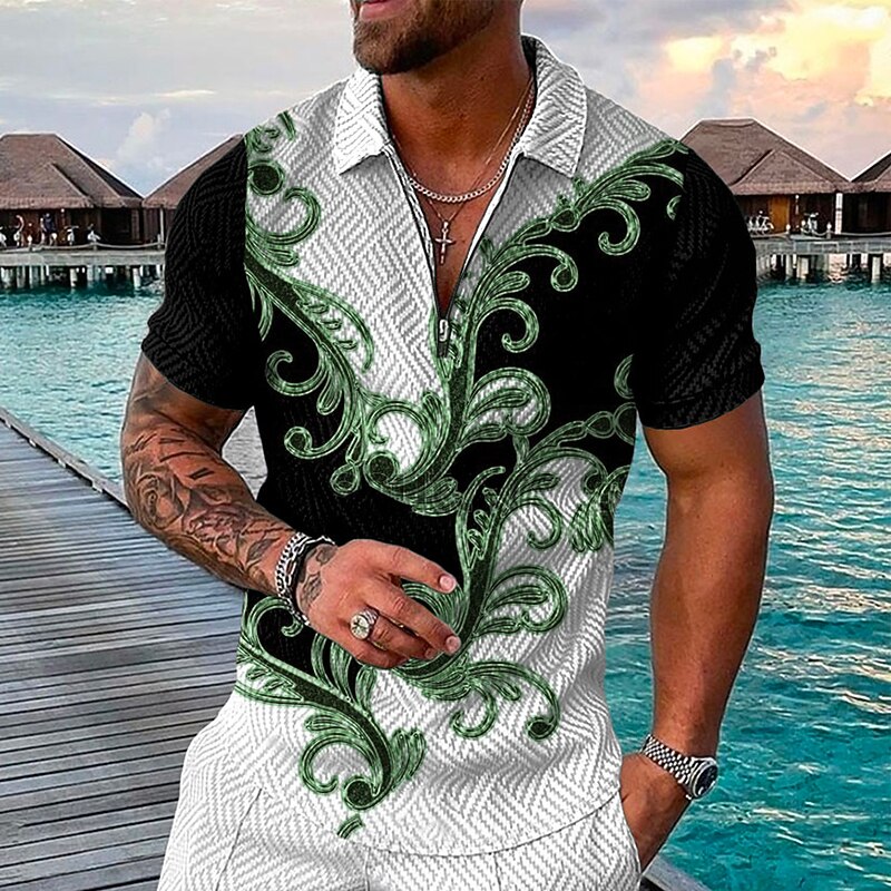 Men's Baroque Zip Polo Shirts Golf Shirt Short Sleeve Polo Shirts Collared Shirts Vintage Casual Vacation Wear Party Outfits 3D Print Quarter Zip Polo Black / Gray Black Pink4