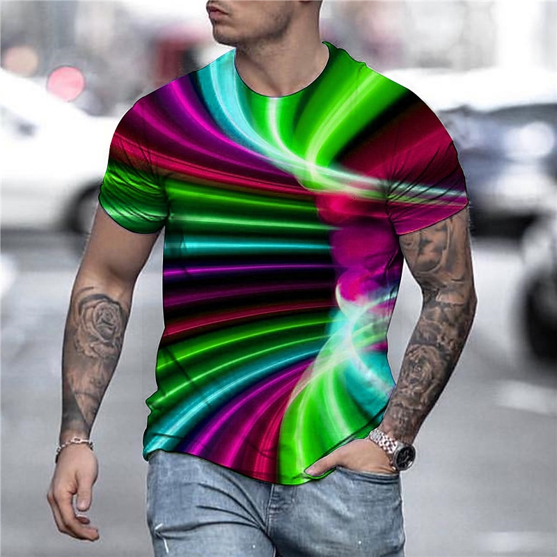 Men's Graphic Optical Illusion T Shirt Tee Short Sleeve T shirt 3D Print Round Neck Shirt Exaggerated Basic Daily Green / Black Light Green Pink Clothing Apparel Normal S M L XL XXL 3XL 4XL 5
