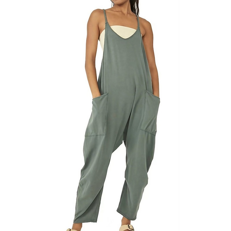 Women's Overall Utility Patch Pocket Trug Life  Solid Color V Neck Streetwear Daily Regular Fit Sleeveless Green Khaki Brown S M L Winter