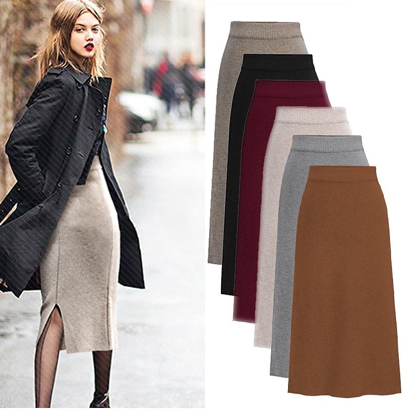 Women's Skirt Pencil Work Skirts Fashion Basic Casual Midi Skirts Solid Colored Split Knitting Office / Career Street caramel Black Wine khaki Autumn / Fall Woolen3