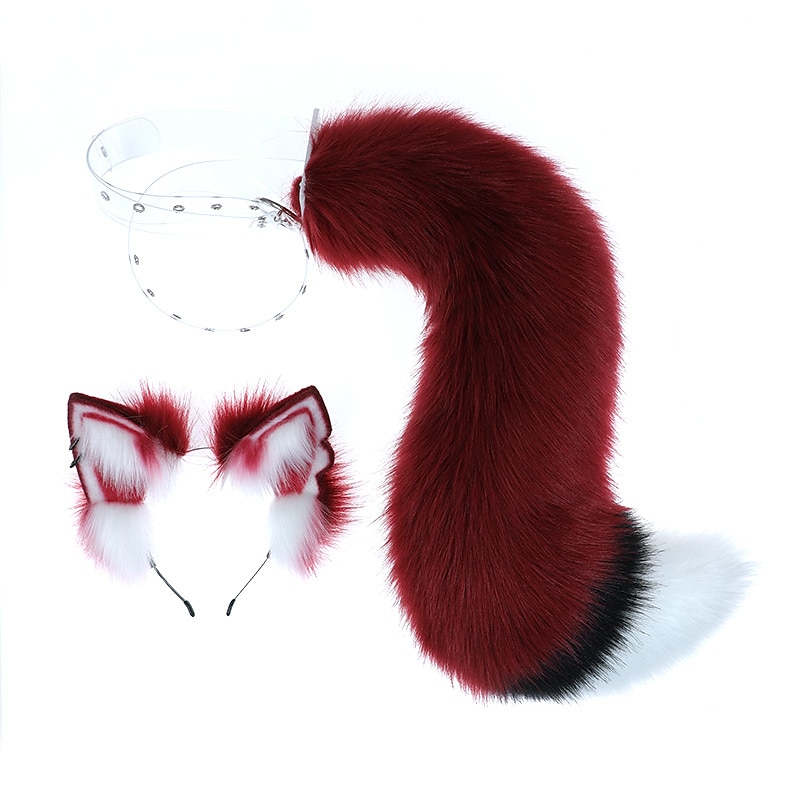 Furry Fox Wolf Headband Tail Flexible Faux Fur Ears Carnival Party Cosplay Costumes Fursuit Accessory Set