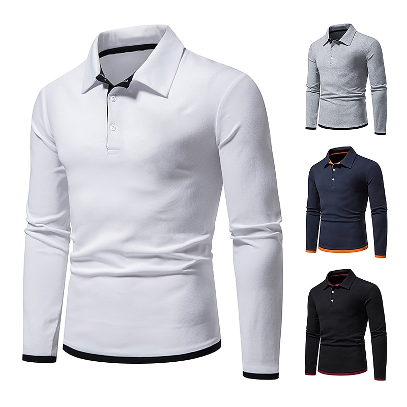Men's Polo Shirt Golf Shirt Casual Daily Classic Collar Button Down Collar Long Sleeve Casual Color Block Button Front Spring & Summer Regular Fit Black White Navy Blue Light Grey Polo Shirt2