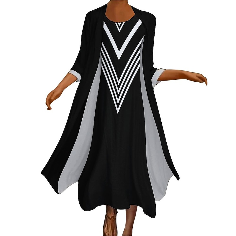 Women's Long Dress Maxi Dress Dress Set Two Piece Dress Church Dress Vacation Casual Winter Dress Holiday Date Loose Fit Color Block Long Sleeve Crew Neck Black and white stripes Fall Winter3
