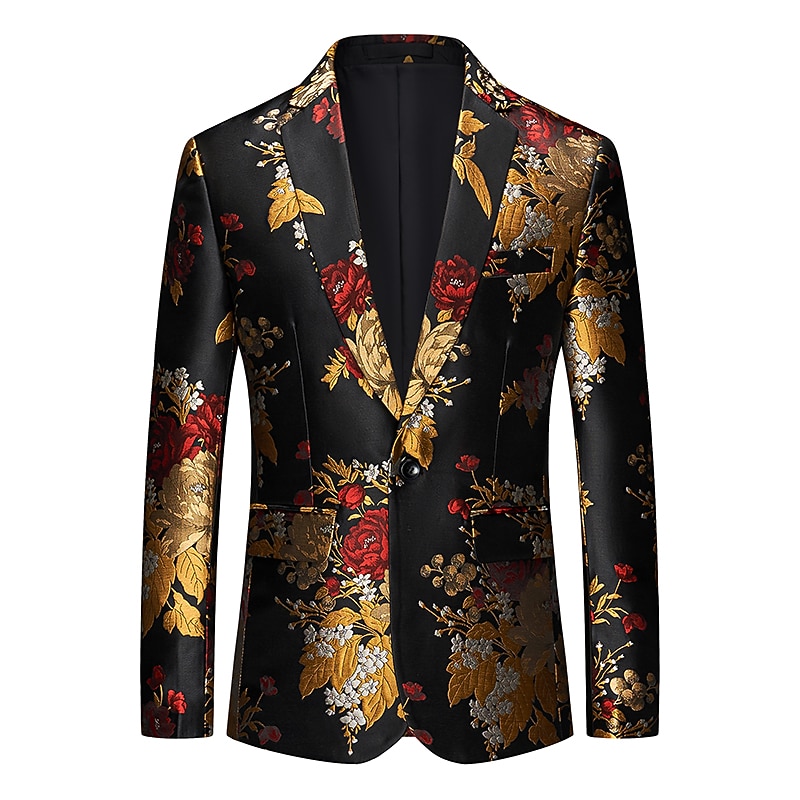 Men's Blazer Notch Collar Fashion Party Floral Black Standard Fit Single Breasted One-button