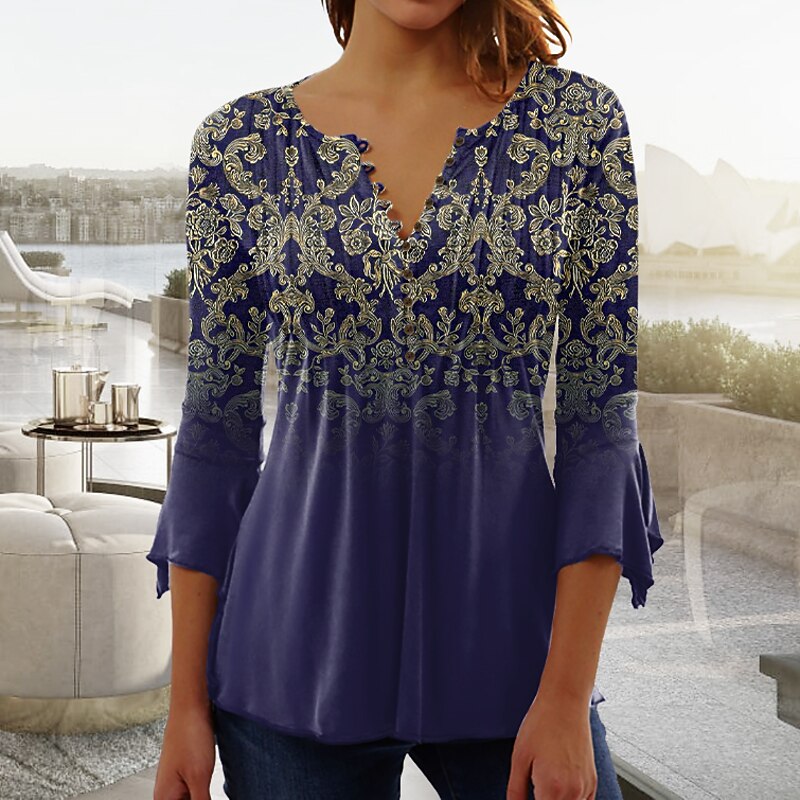 Women's T shirt Long Sleeve Henley T Shirt Blouse Floral Vintage Basic 3/4 Length Sleeve Round Neck Regular Tops Casual Weekend Buttons Print Blue Purple Green Prefall3